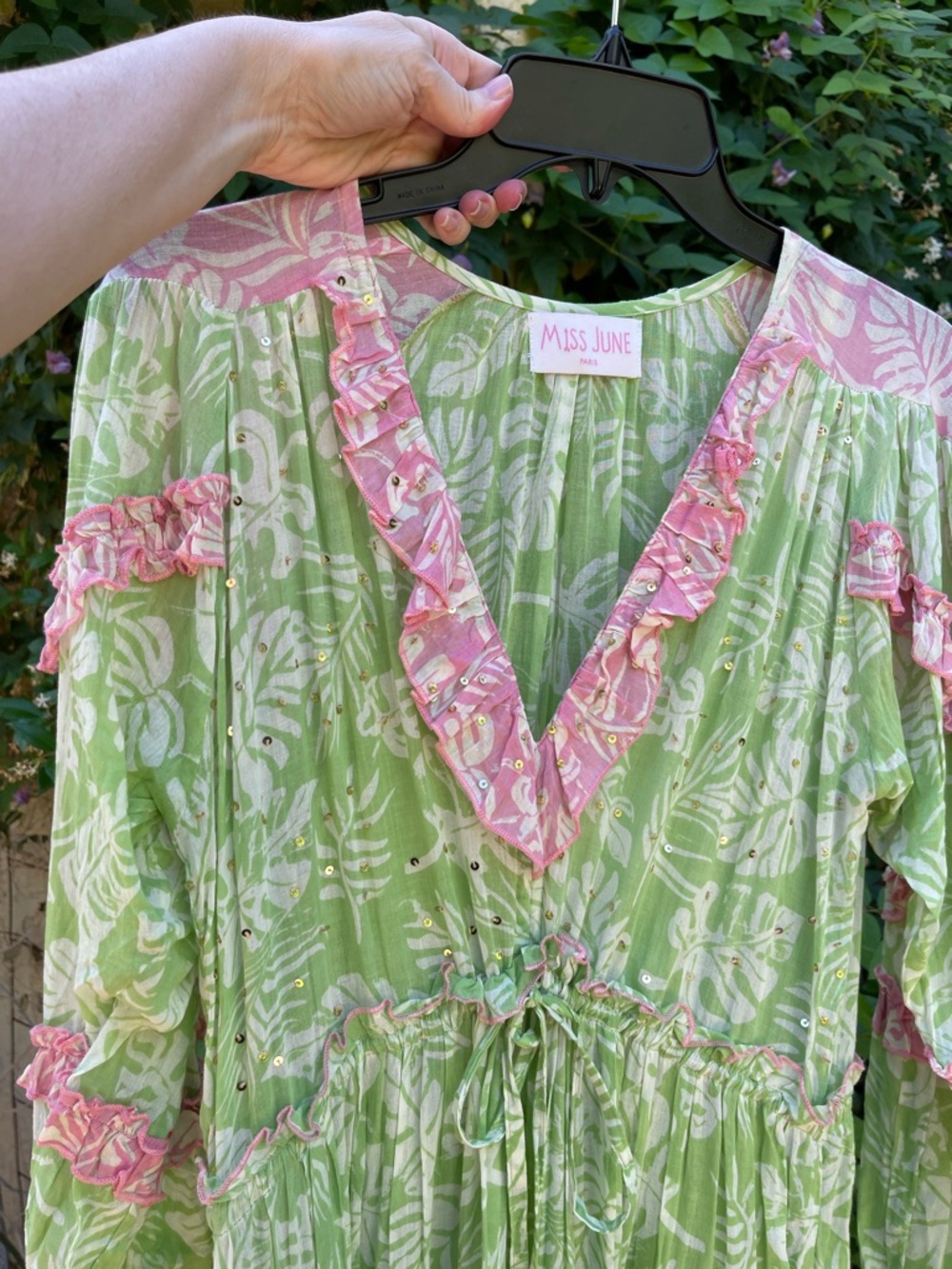 MISS JUNE PARIS Kara Long Maxi Dress Tassel Cinch Waist Pink Green Sequins OSFM - Picture 2 of 8